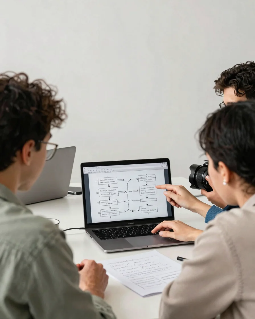 Editorial business photography of a small team reviewing a workfl